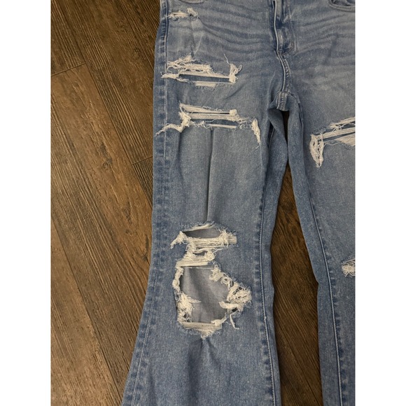 American Eagle Super Hi-Rise FlareDistressed Ripped Jeans Denim Womens 16Long - Picture 5 of 12